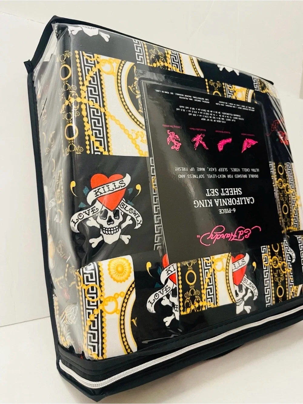 Ed Hardy 6 Piece California King Size Sheet Set Skulls Love Kills Slowly
